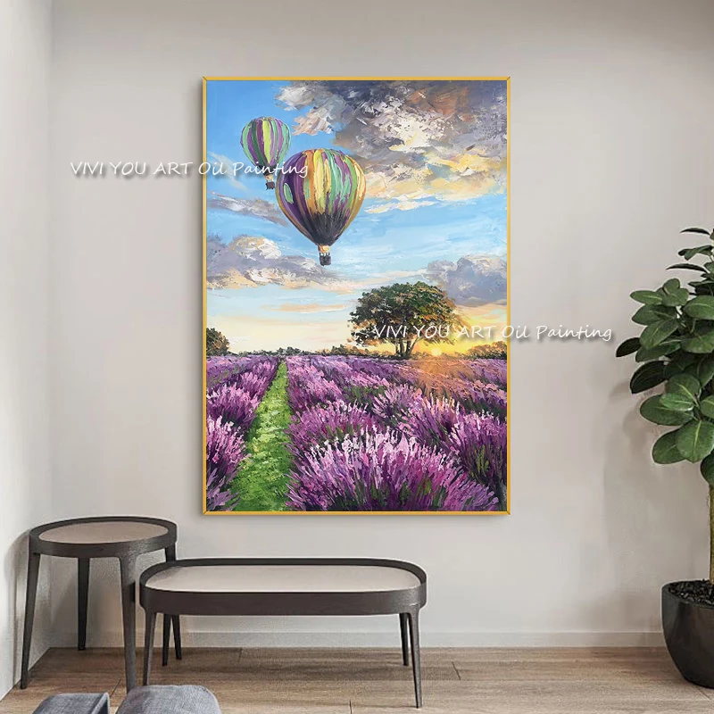 100% Ruční horkovzdušný balón olejomalba Fialové Levandule Rostlin Obrázky na Zeď Umění pro Obývací Pokoj Domácí Dekoraci (Bez Rámečku)