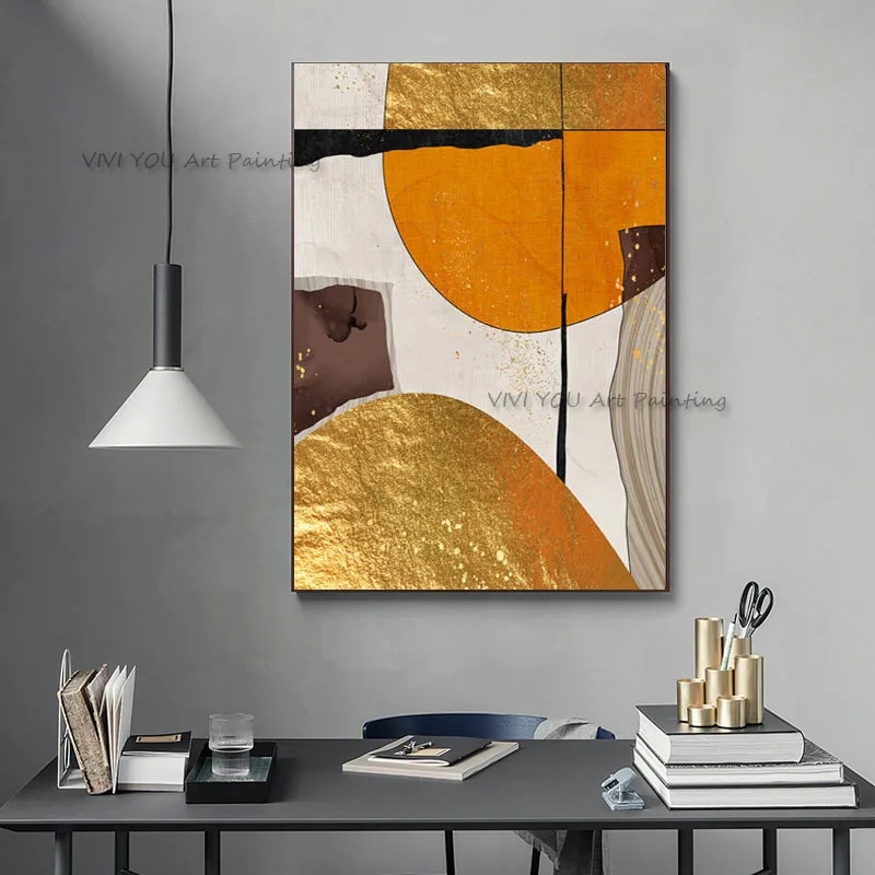 100% Ručně Malované Abstraktní Oranžové A Zlaté Olejomalba Wall Art Plátně, Abstraktní Umělecká Díla Umění Pro Hotel Obývací Pokoj Dekor
