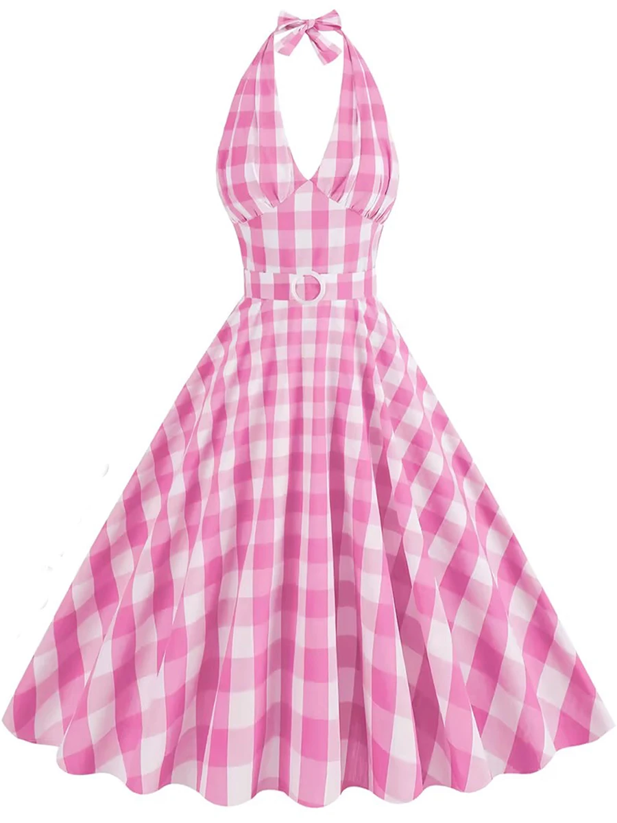 1950 Růžová Kostkovaná Ohlávka Šaty pro Ženy Elegantní Vintage Růžové Gingham Šaty Vintage Rockabilly Šaty