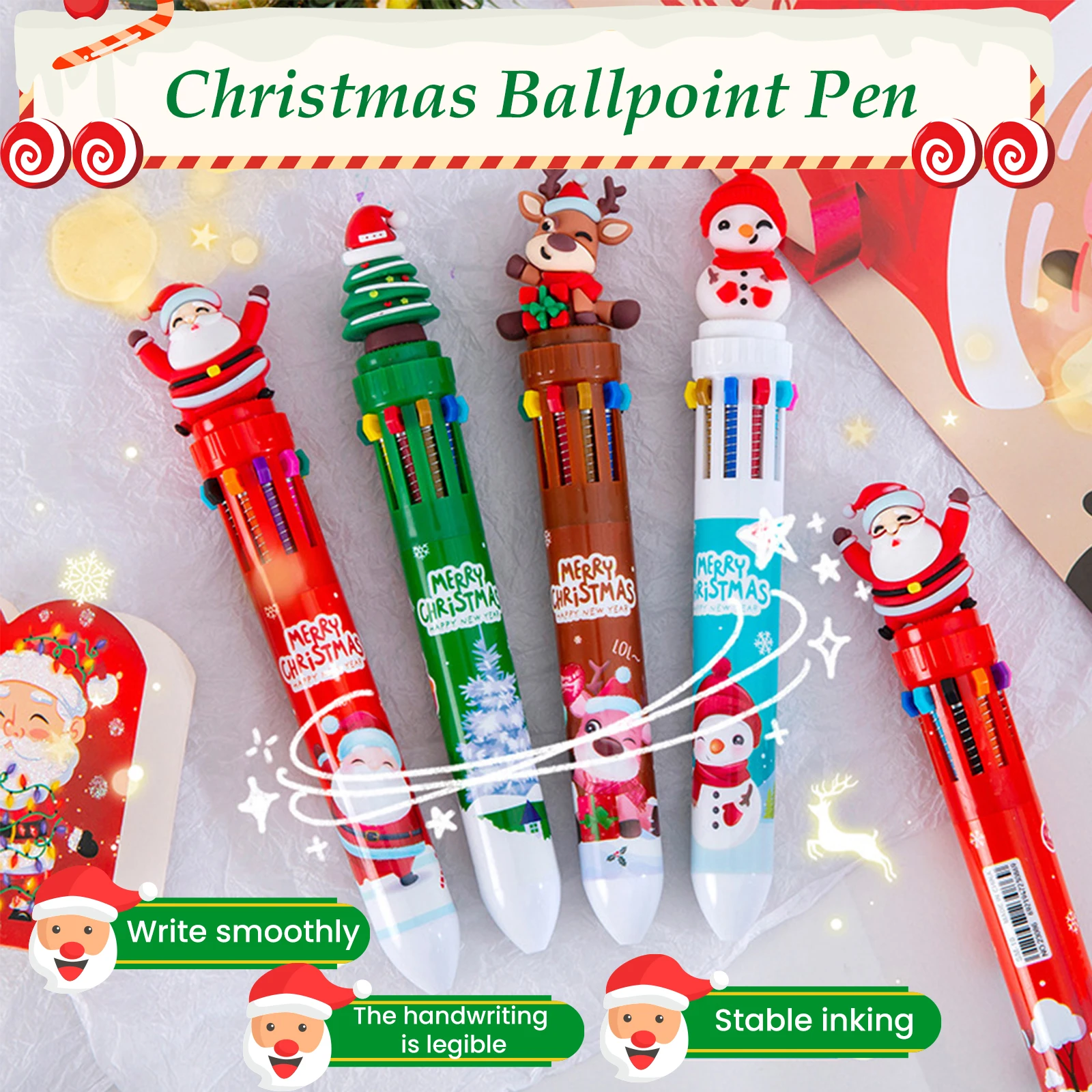 1KS Vánoční Kuličkové Pero, 10-barva Student Dárky Stiskněte typu Santa Claus Kuličkové Pero 0,5 mm Kawaii Papírnictví Školní pomůcky