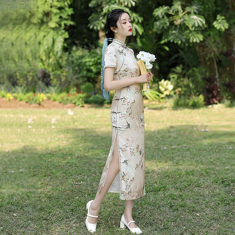 2023 Letní dvouvrstvé Lepší Slim Žakárové Hedvábné Květinové Denní Cheongsam Výkon Svatby Šaty Qipao Šaty pro Ženy