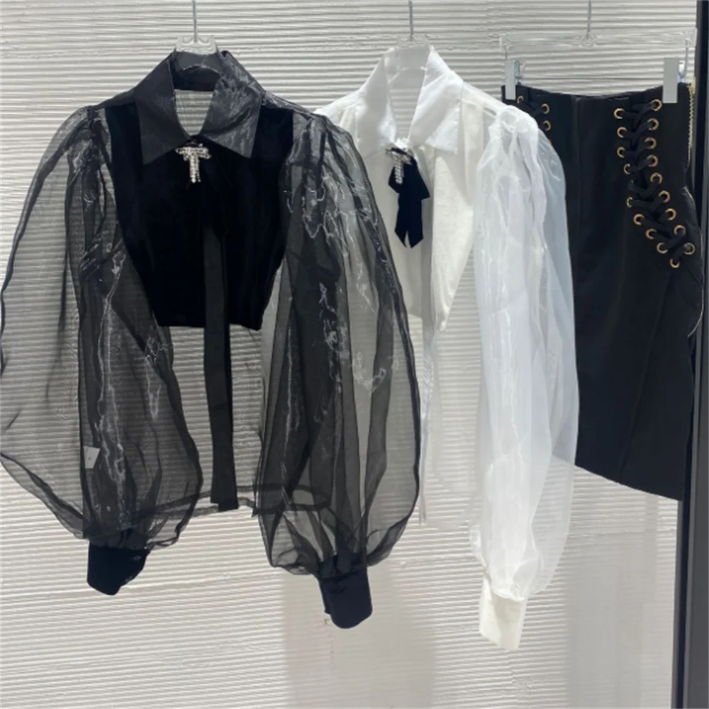 2023 letní nové příze Velvet sestříhané klopy top módní šperky kravatu, košili, černé a bílé košili s Dlouhými rukávy
