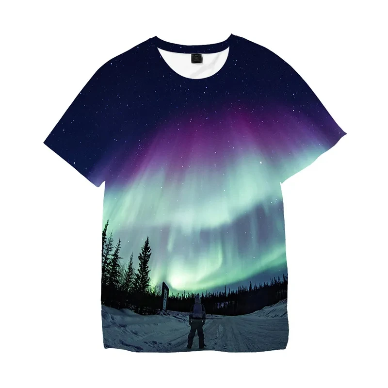 2023 Nové dětské 3D Tištěné Aurora Borealis Vzor Dívčí a Chlapecký Ležérní Krátký Rukáv Kolem Krku Top tričko Oblečení