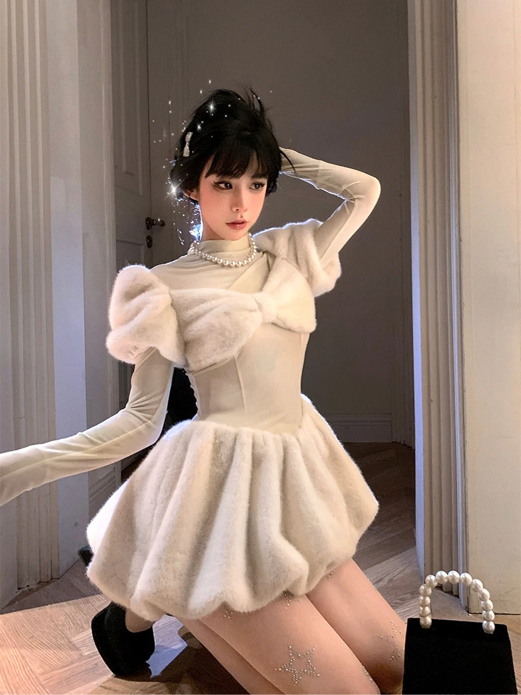 2023 Sladký Zimní Pletené Krátké Party Šaty Ženy Ležérní Dlouhý Rukáv Elegantní Bodycon Mini Šaty Y2K korejský Módní Bílé Šaty