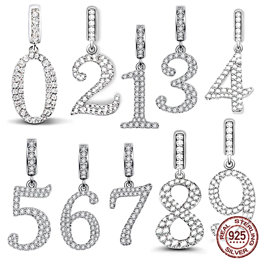 925 Sterling Silver Dobře Hodí Originální Pandora Náramek Šumivé 0-9 arabské Číslice Houpat Kouzlo Korálků DIY Ženy Šperky Dárek