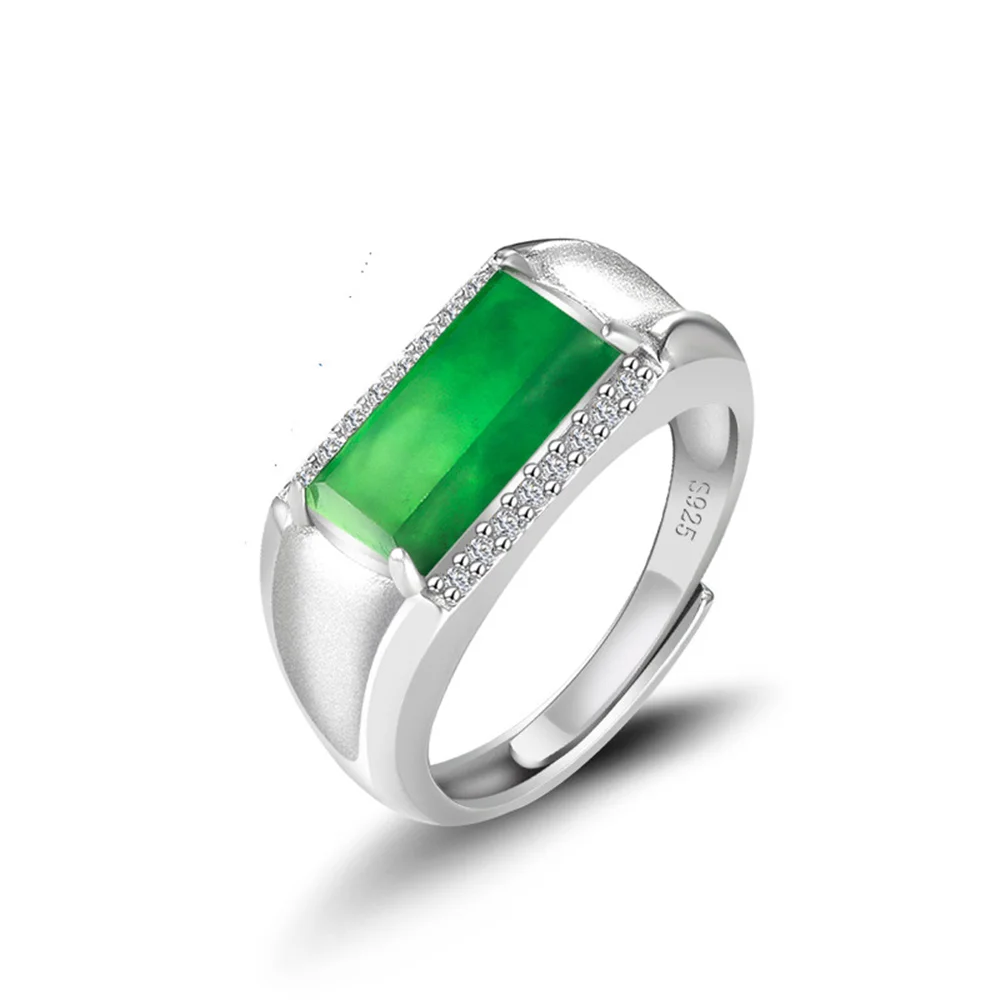 925 Stříbrné Přírodní Zelené Jadeite Obdélník Gem Štěstí, Prst Prsten S925 Nastavitelný Osvědčení Milence Luxusní Jade Vintage Šperky