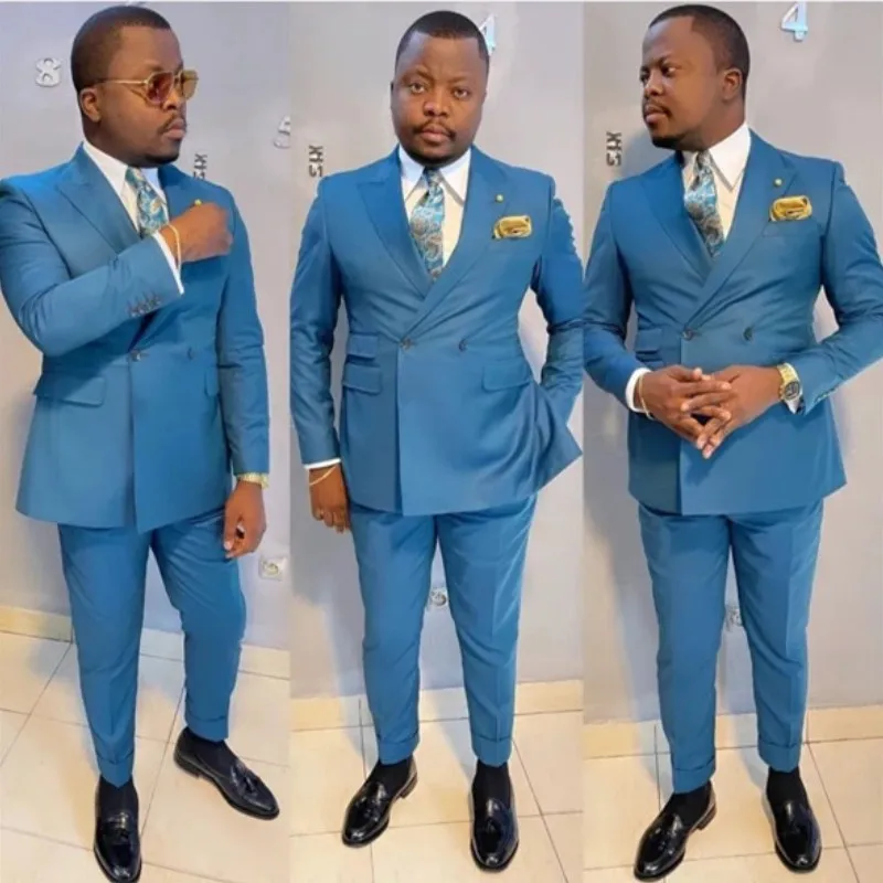Africké Modré Pánské Obleky 2 Kusy Kostým Homme Smokingy Svatební Ženich Párty, Ples Sako Sady Business Double Breasted Pánské Oblečení