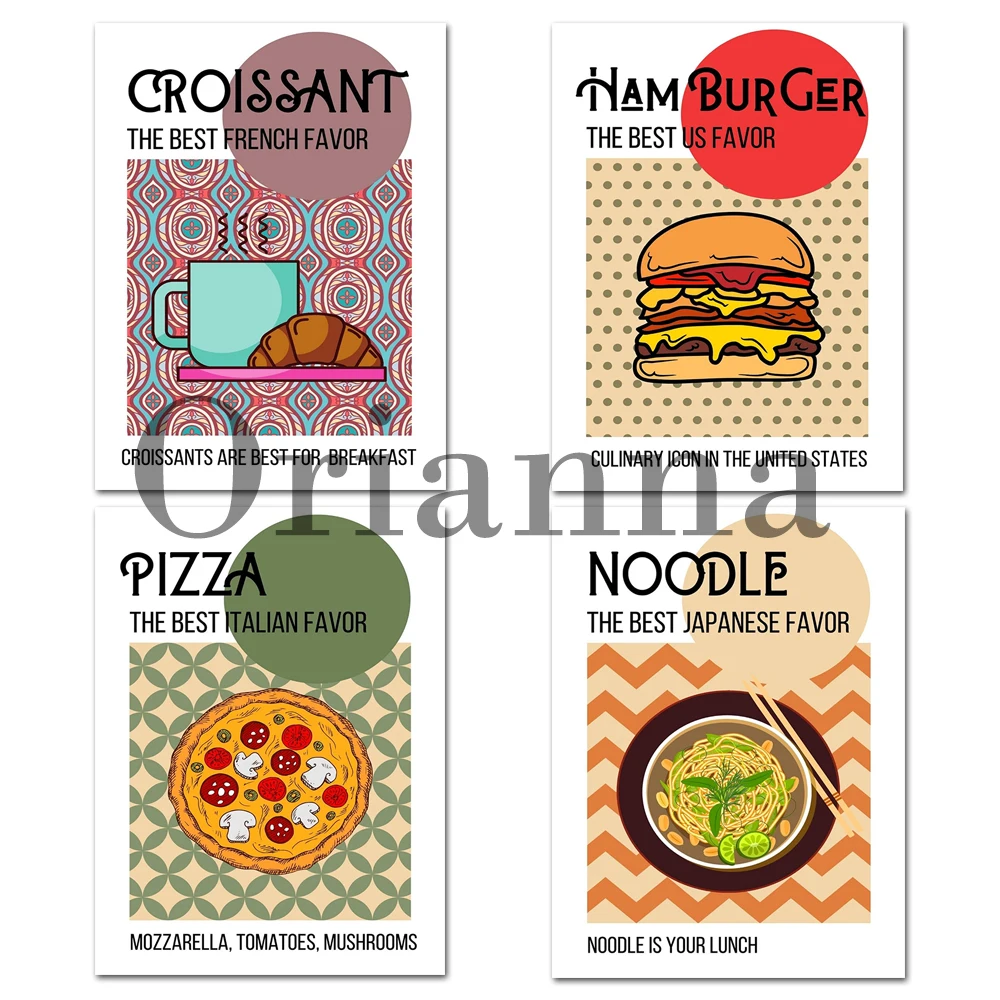 Americký Hamburger Japonské Ramen Itálie Pizza Francouzský Croissant Plakát, Potraviny, Tisk, Moderní Kuchyně Dekor, Wall Art Canvas Dárek