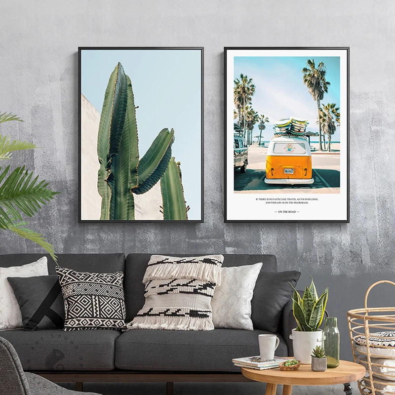 Americký Styl Letní Cesta Beach Bus Kaktus Plátno obrazy Plakáty A Tisky Pro Obývací Pokoj Ložnice Nordic Home Dekor HD