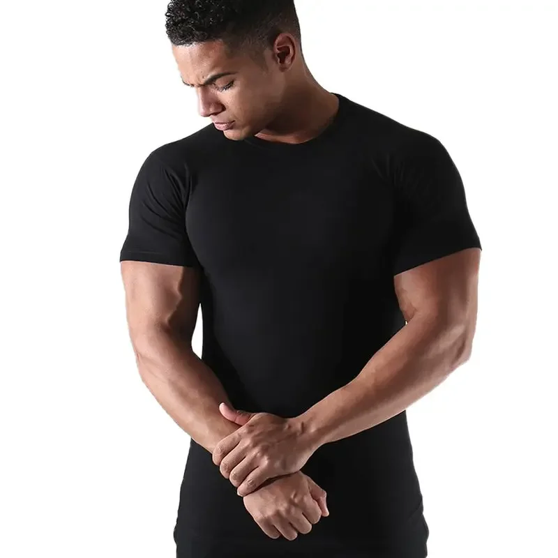 B1271 Men Krátký rukáv černé Bavlněné tričko Tělocvičny Fitness Kulturistika Cvičení t košile Mužské Letní Příležitostné Slim Tee Tops