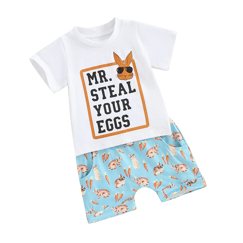 Batole Dítě, Chlapec Velikonoční Oblečení Bunny Tisk Krátký Rukáv T-Shirt Topy jednobarevné Šortky Set 2ks Velikonoční Oblečení