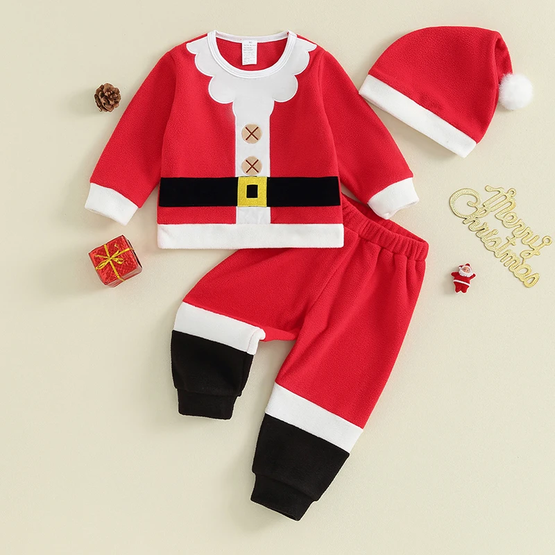 Batole Dětské Oblečení Vánoční Santa Kostým Kontrastní Barvy Kolem Krku Dlouhý Rukáv Topy, Kalhoty, Klobouk, Děti Oblečení Set