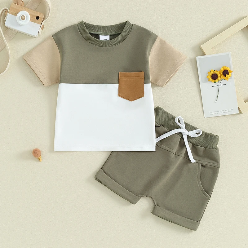 BeQeuewll Dítě Chlapci Šortky Nastavit Krátký Rukáv v Kontrastní Barvě T-shirt s Elastickým Pasem Šortky Letní Outfit