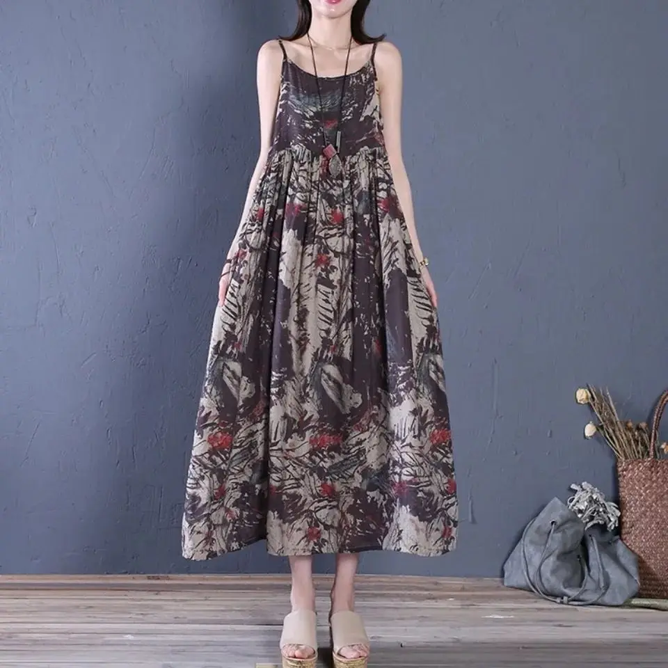Bez rukávů Popruh Bavlněné Povlečení Vintage Květinový Nové Boho Šaty pro Ženy Ležérní Volné Dlouhé Letní Šaty Elegantní Oblečení 2023
