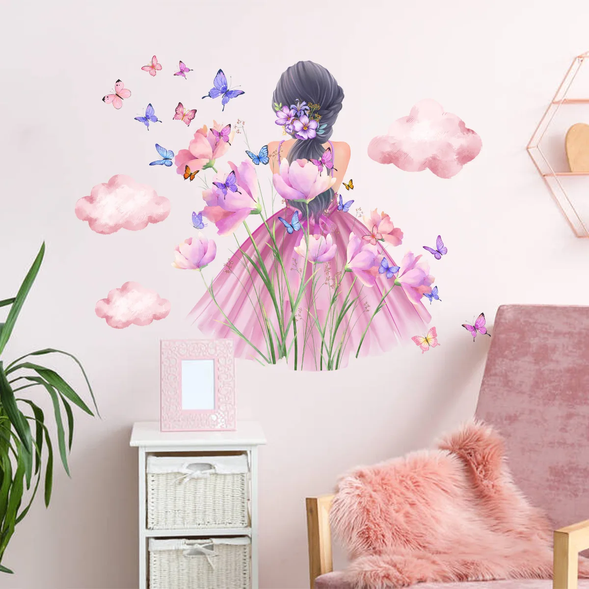 Cartoon Girl Motýl Cloud Samolepka na Zeď samolepicí Odnímatelné Vinyl PVC Home Dekor pro Obývací Pokoj Ložnice pro Děti