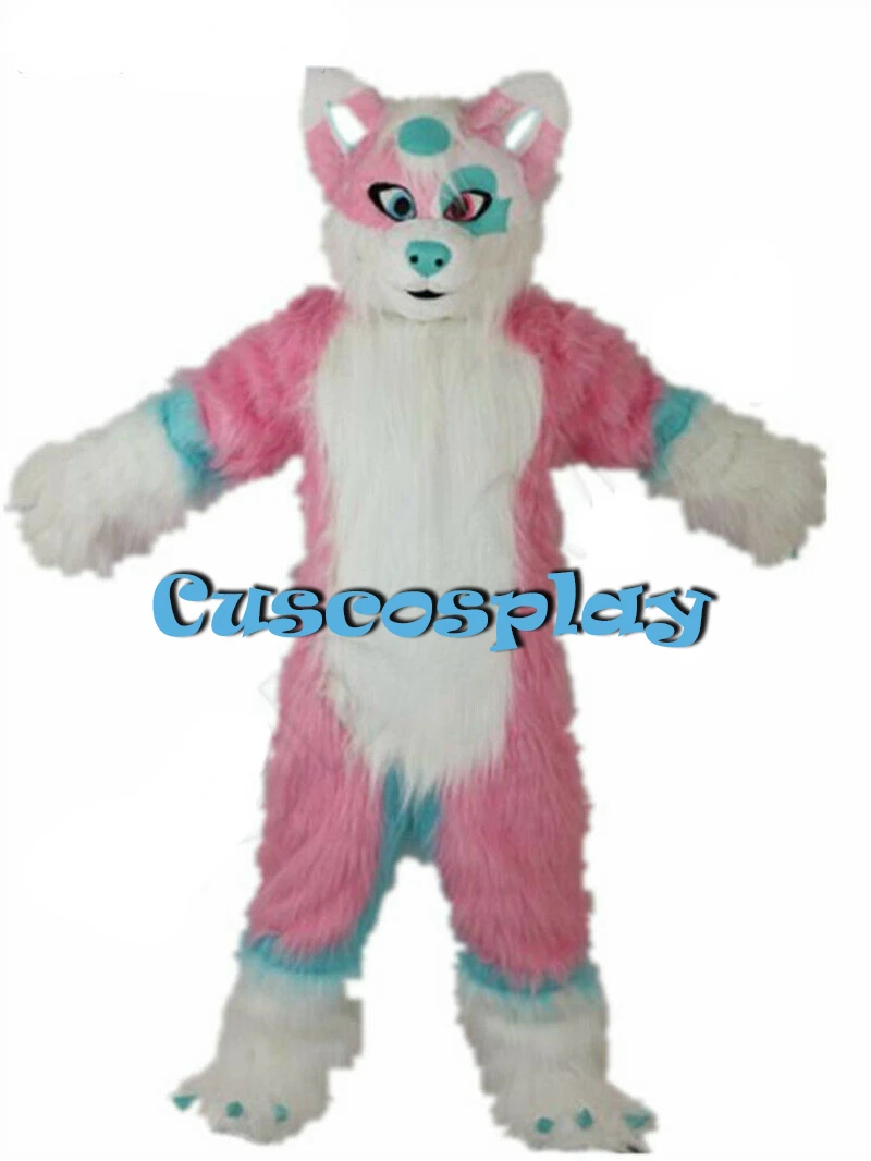 Dlouhou Srst Furry Fox Růžový Vlk Husky Pes Maskot Kostým Fursuit Dospělé Kreslené Výroční Oslavu Zábavní Park