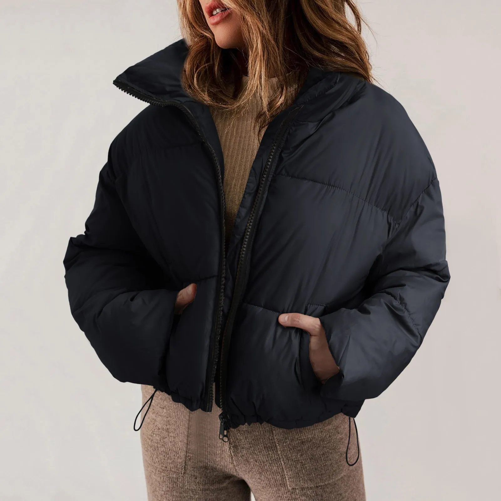 Dámské Zimní Full Zip Bunda 2023 Prošívané s Dlouhými Rukávy, Krátké Kabáty svrchní oděv S Kapsami Vysoce Kvalitní korejské Ženy péřová Bunda