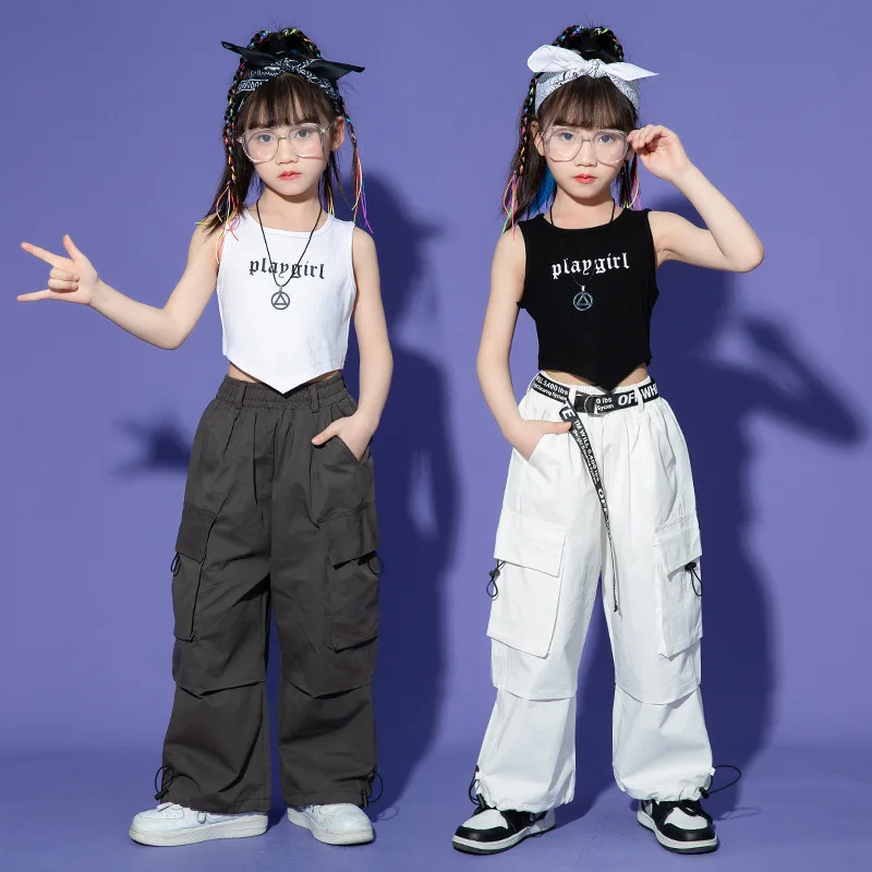 Dítě Cool Hip Hop Oblečení Žebrované tílko Bílé Ležérní Široké Ulici Kapsy Cargo Kalhoty pro Dívky Jazz Dance Kostým Oblečení