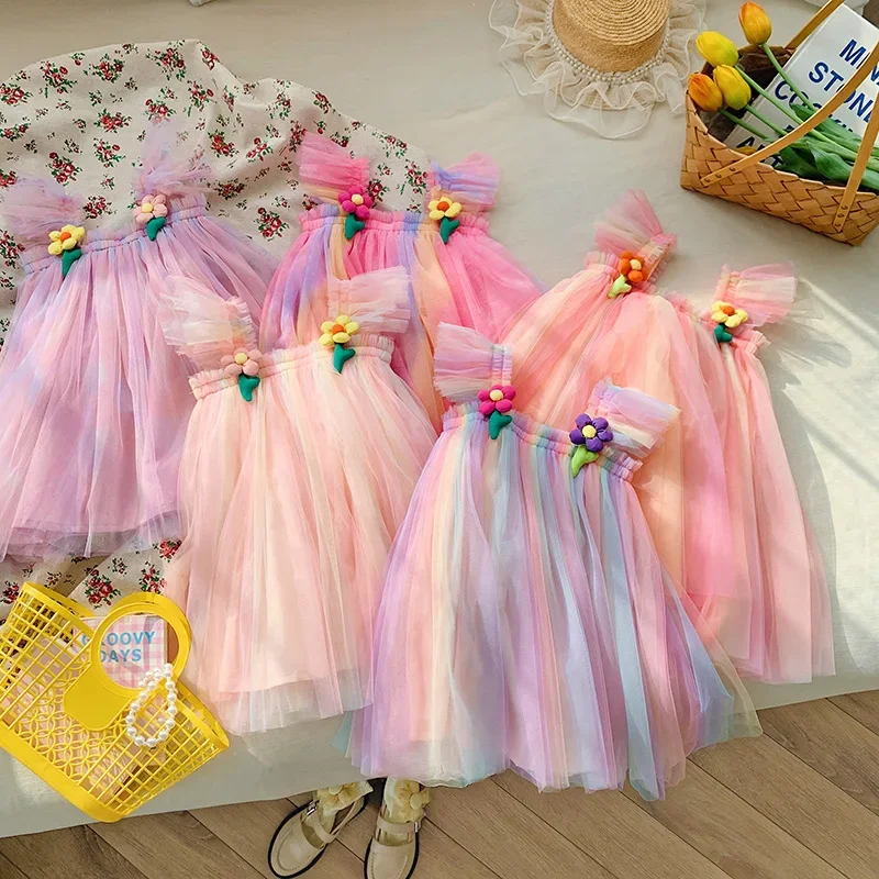 Dětské Oblečení Rainbow Ok Dívčí šaty Letní trojrozměrné Květinové Dívky Princezna Sukně