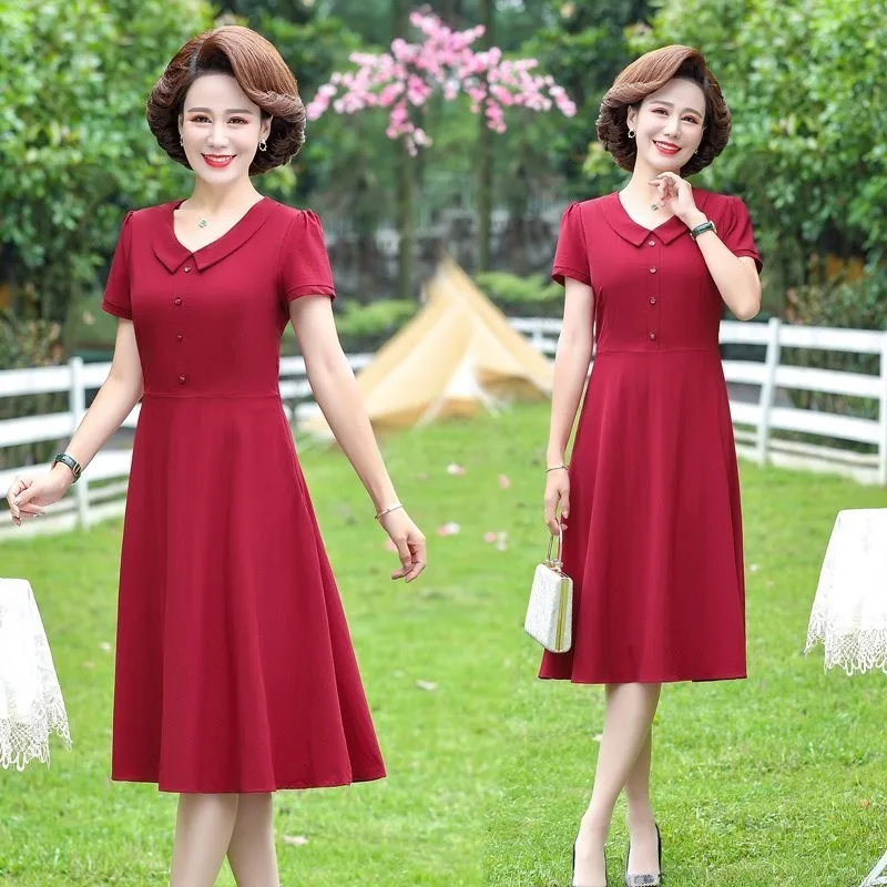Elegante Korejský Krátký Rukáv Midi-Line Klopě Šaty Ženy Letní Módní Ležérní Šaty Plus Velikosti Vestidos