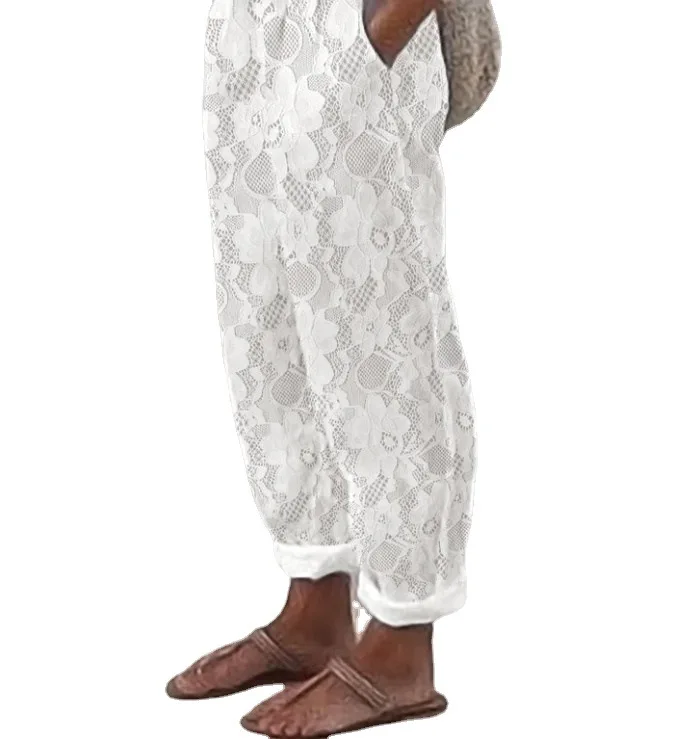 elegantní a elegantní bílé krajkové kalhoty Letní kapsy, rovné kalhoty Elastický pás ležérní ženy, kotník-délka kalhoty