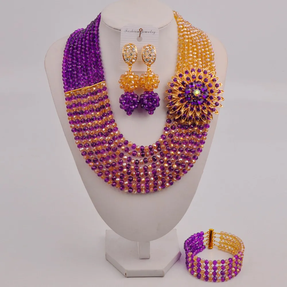 Fialové a Šampaňské Zlaté AB Africké Korálky Šperky Set Crystal Kostým Náhrdelník Nevěsta Šperky Set