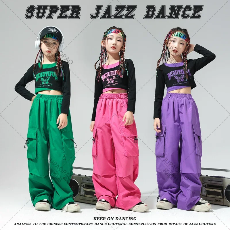Holky Hip Hop Dvoudílné Barevné Crop Mikina Street Dance Cargo Kalhoty Dětské Streetwear Děti Jazz Kostýmy Oblečení Sady