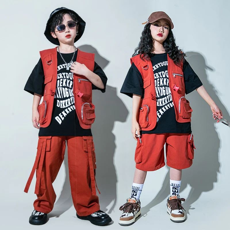 Holky Streetwear Chlapci Red Hip Hop Vesta Print Tričko Cargo Kalhoty Děti, Kpop Dance Oblečení Sady Dítě Jazz Oblečení Zobrazující Kostýmy