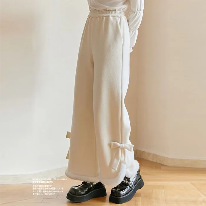 Japonské Kawaii casual Lolita Kalhoty Ženy korejský Styl Teplé Plyšové Kalhoty, Ženy Volné Roztomilý Luk Široký-legged Kalhoty Zimní 2023