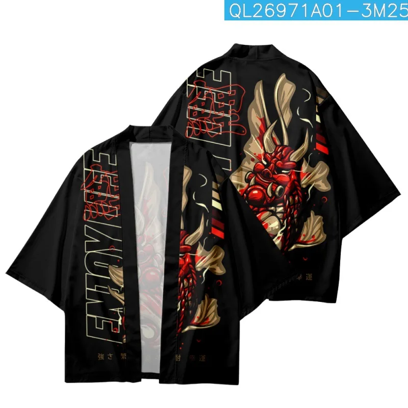 Japonské Kreslené Demon Kapr Vytištěno Černé Tradiční Kimono Beach Šortky Pár Žen, Mužů Streetwear Svetr Yukata