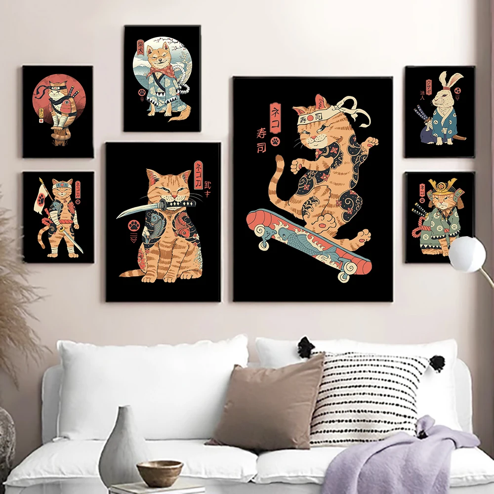 Japonský Samuraj Kočka Umění Zdi Neko Ramen Nostalgie Vlna, Plátno, Malba, Kreslený Plakáty a Tisky Fotografie Domova