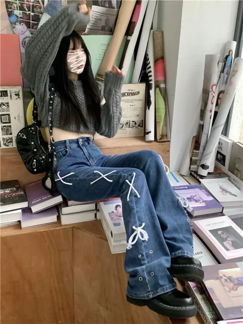 Korejské Osobnosti Tie Lano Vysoký Pasu Pytlovité Džíny Žena Y2K Retro Módní Harajuku Street Sexy Holka, Volné Rovné Kalhoty