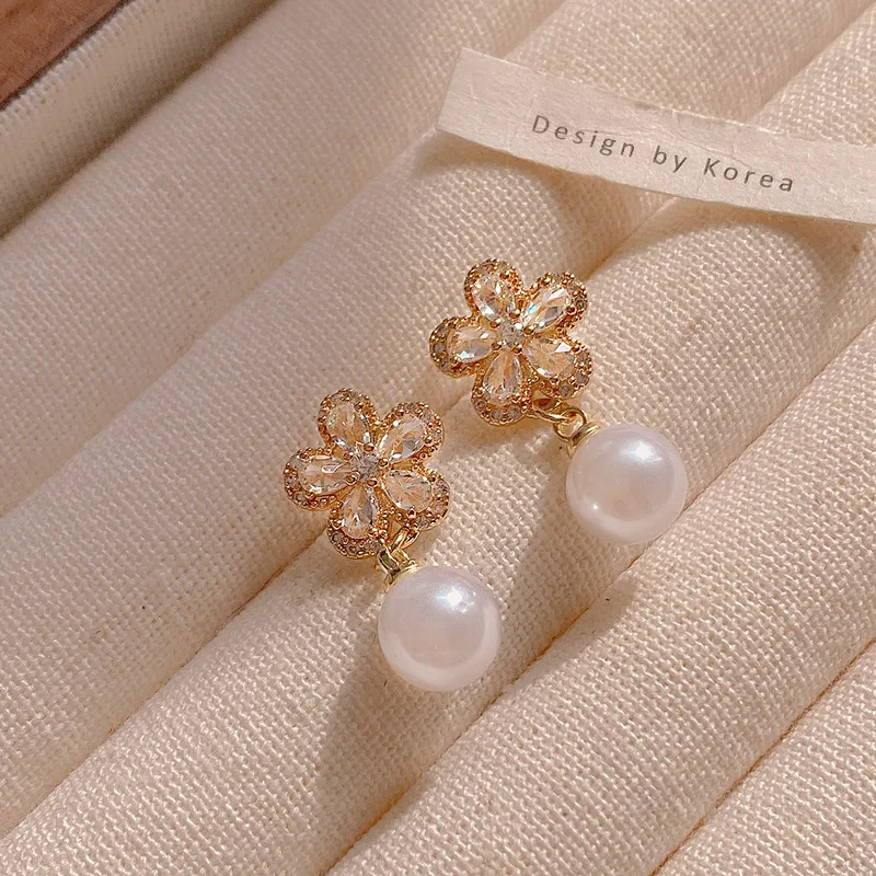 Korejský Módní Elegantní Perlový Přívěšek Náušnice Zirkon Crystal Opál Květiny Drop Náušnice pro Ženy, Svatební Party Šperky Dárky