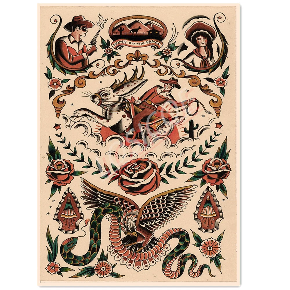 Kovboj Tradiční Tetování Umění Plakáty a Tisky Zeď Art Mural Vintage Kraft Papír Malování Samolepky na Zeď Bar, Kavárna, Domácí Výzdoba