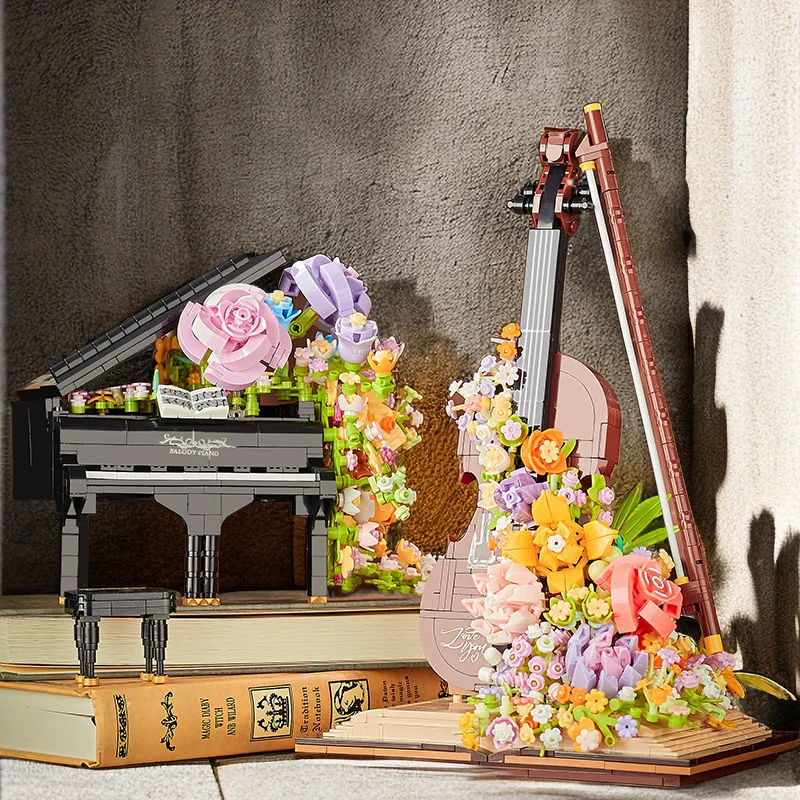 Kreativní Hudební Nástroj S Květy Kytice Model Stavebních Bloků, Klavír, Violoncello Dekorace Mini Cihly MOC Hračky Valentine Dárek