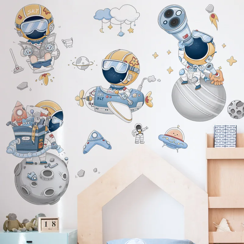 Kreslený Prostor Astronaut Samolepky na Zeď pro dětský Pokoj Školky Dekorace na Zeď Odnímatelný Vodě odolný PVC Tapety, Domácí Výzdoba