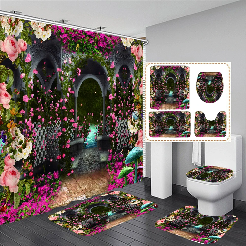Květiny, Snem, Pohádka, Les Tisk Sprchový Závěs s Háčky, Polyester Nepromokavé Koupelna Opona Vana Mat Set Home Decor