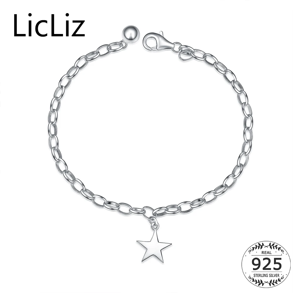 LicLiz Jednoduché 925 Sterling Silver Star Náramek pro Ženy s Pentagram Kouzlo Náramky Šperky Míč Řetězce Manžety Link Řetěz LB0091