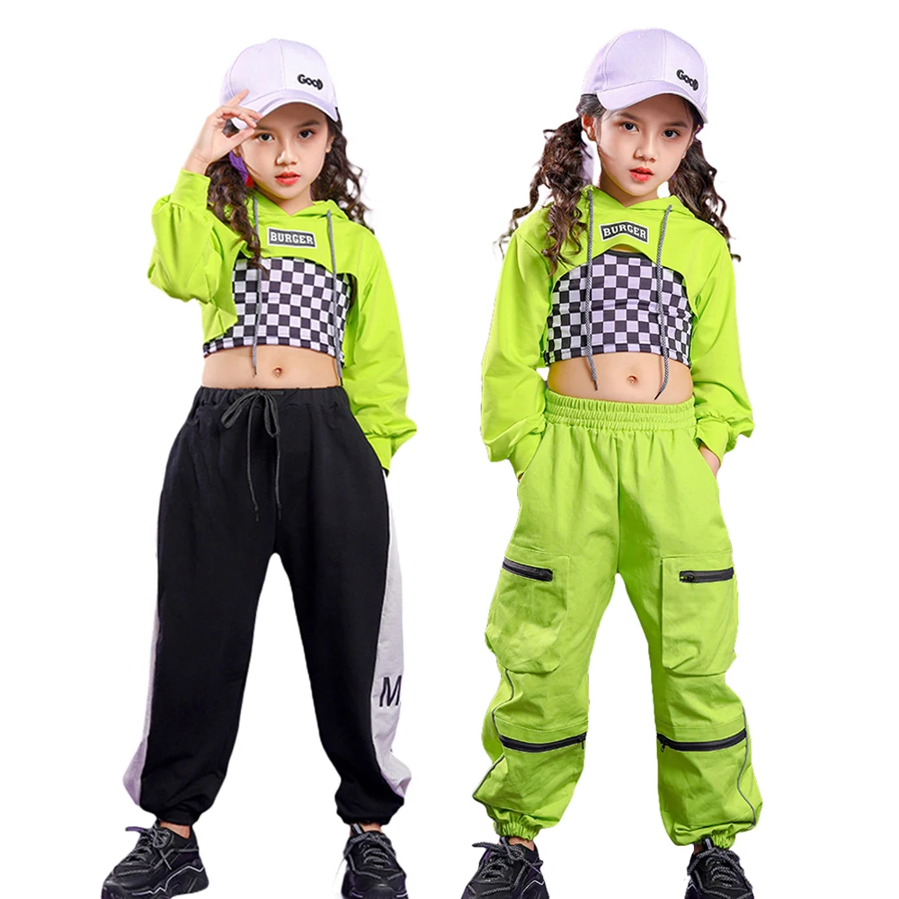 Lolanta Dívky Hip Hop Dance Oblečení Zelený Crop Top, Nebo Černé, Zelené Kalhoty / Kostkovaná Vesta Děti Streetwear Výkon Kostým