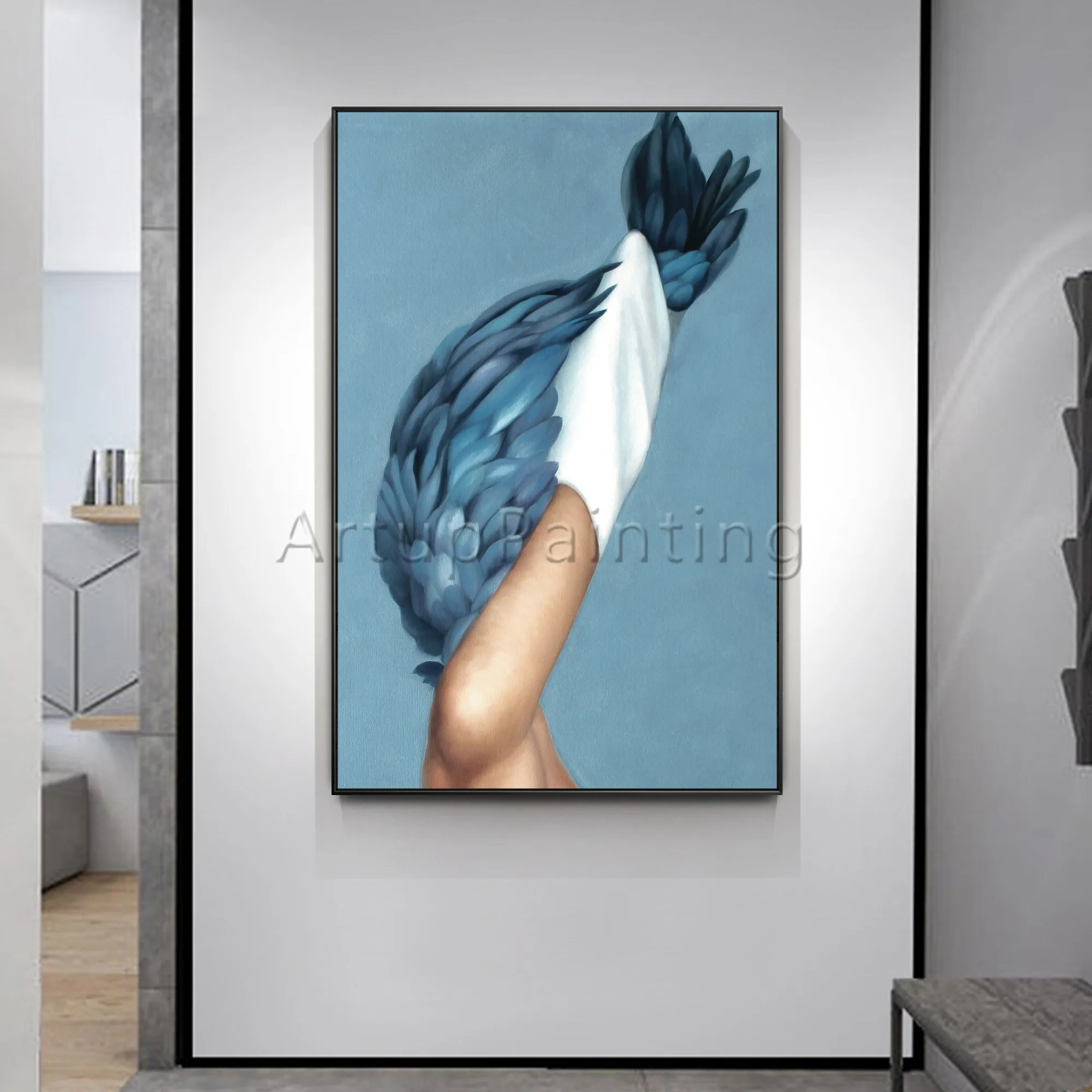 Moderní olejomalba na Plátně Ručně Malované modré peří žena podob Umění Zdi Obraz pro Obývací Pokoj Domácí Dekoraci