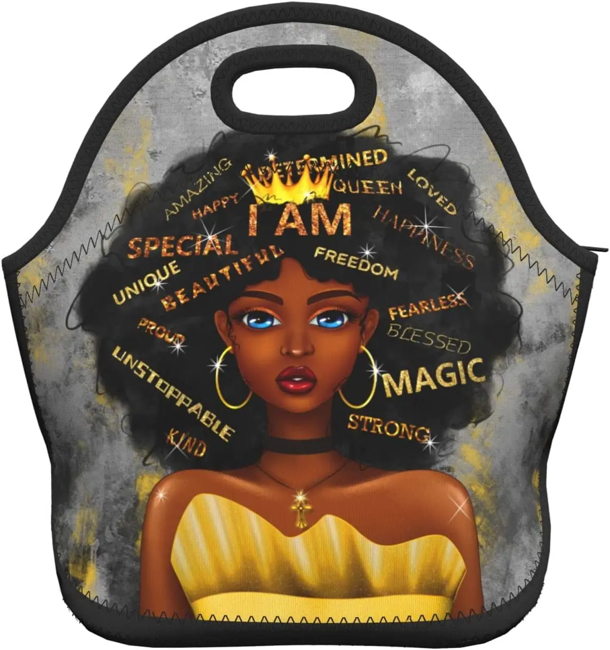 Neoprenové Oběd Tašky pro Ženy, African American Ženy, Oběd Tote Bag Izolované a Opakovaně Černá Dívka, Magie Chladič Kontejner Box