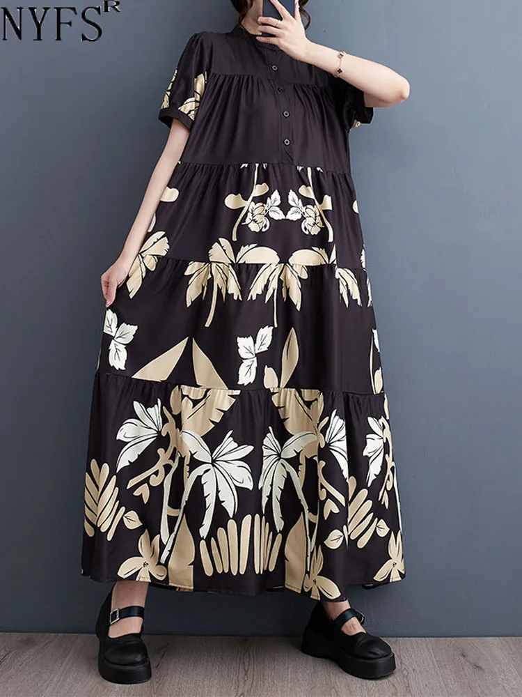 NYFS 2023 Letní Nové Korea Tisk Ženy Šaty Vestidos Plášť Elbise Volné Plus Velikosti Módní Krátký Rukáv Dlouhé Šaty