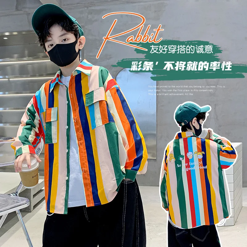 podzim dospívající chlapci bavlny Karikatura Tričko Nové 4-15 dítě Chlapec Rainbow Stripe Long Sleeve Top Tištěné korejské Edition dětské oblečení
