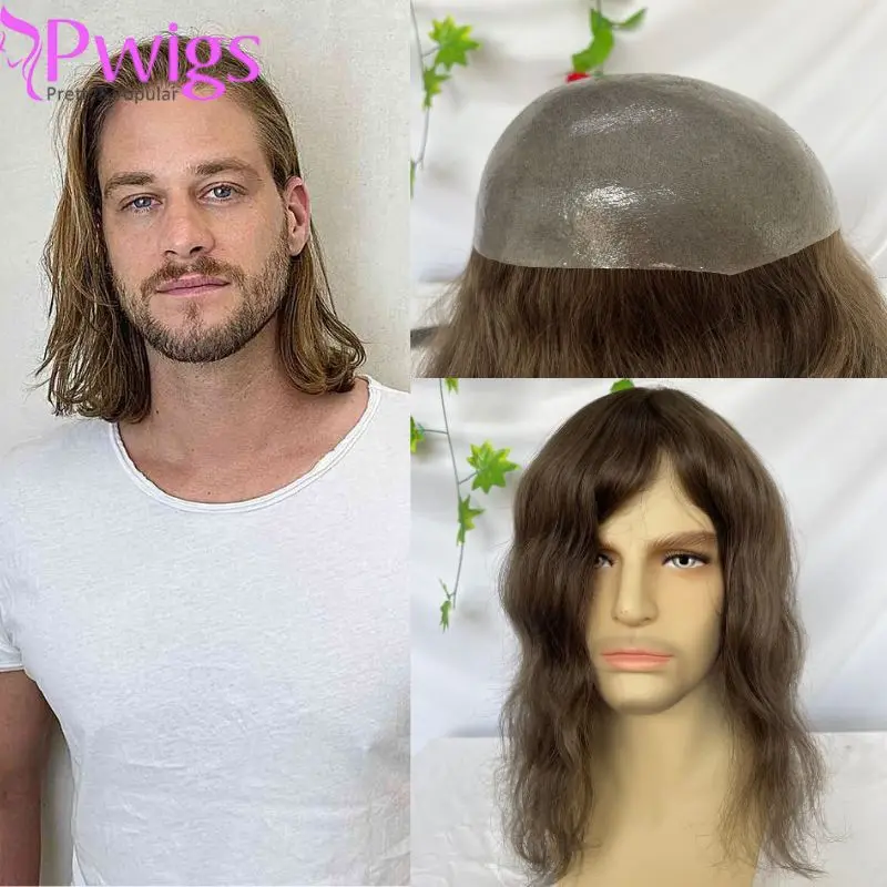 Pwigs12 Palcový Dlouhé Tupé pro Muže Kambodžské Lidské Vlasy 4# Brown V-smyčce, Super Kůže Základnu Plnou PU Lidské Vlasy Systém pro Muže, 8X10inch