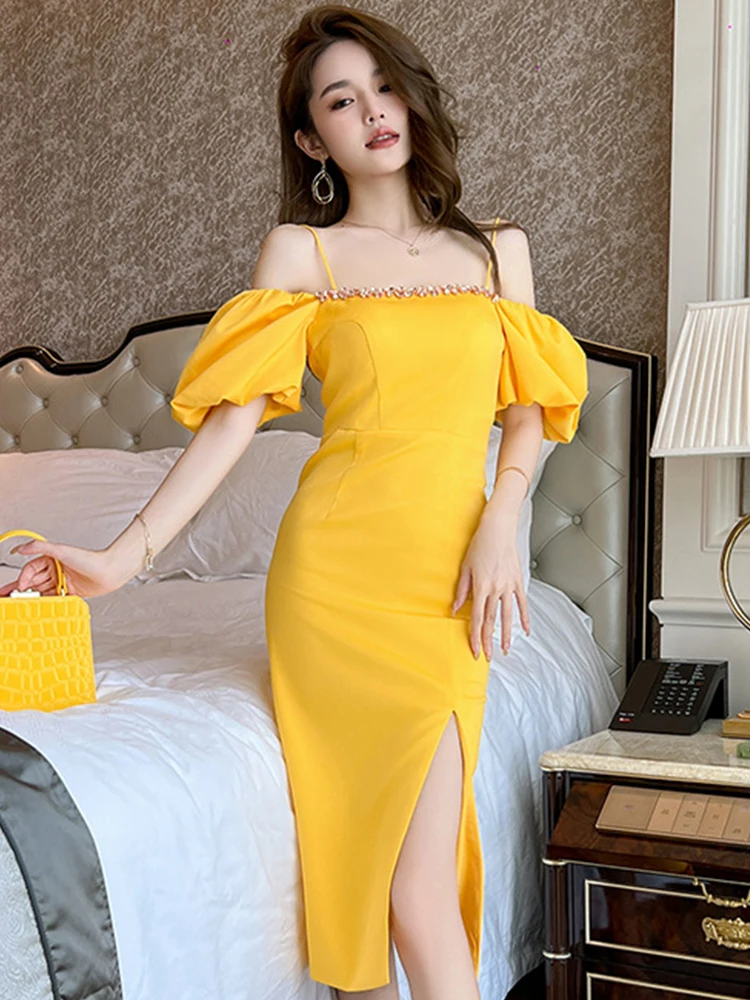 Sladký Jemný Elegantní Šaty pro Ženy Sexy korejské Satén Žlutá Off Rameno Rozdělit Župan Lady Party Dráhy Vestidos Módní Show