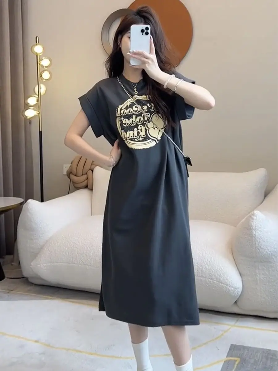 Střední Délka Nadrozměrné T-shirt Šaty Volné Bavlněné Midi Dámské Vintage Šaty Lolita 2023 Nové Africké Módní Ležérní Ženy Roztomilý