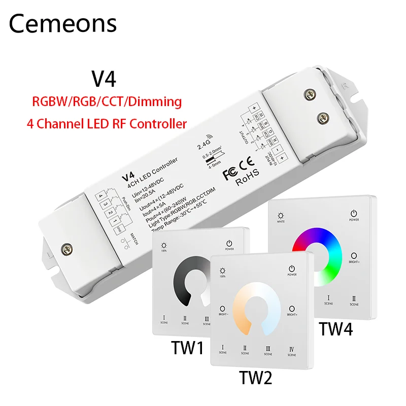 V4 RGBW Regulátor DC 12-48V RGB, RGBW LED Strip Light Controller 2.4 G RF Bezdrátové Dálkové ovládání Nástěnný Dotykový Panel
