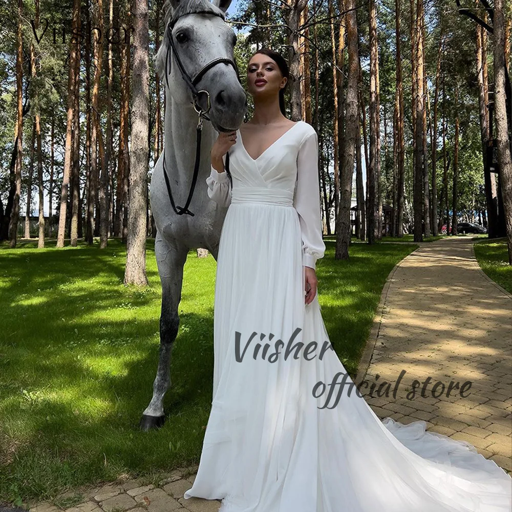 Viisher Bílé Šifónové Svatební Šaty pro Nevěsty Dlouhý Rukáv Záhybů V Krku Svatební Šaty s Vlakem Beach Bohemain Svatební Šaty
