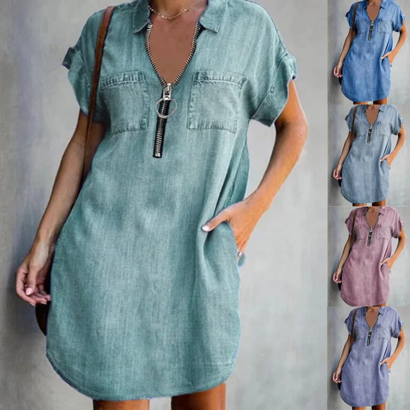 Vintage Krátký rukáv Volné Šaty Ženy Letní Módní Zip Džínové Košile Sukně Ležérní Kapsy Plná Barva Svetr Party Šaty