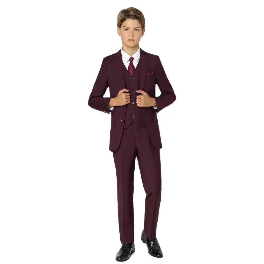 Vínové Chlapec Formální Obleky Večeři Smokingy Malý Chlapec Mládenci, Děti, Děti, Svatbu, Ples, Oblek, Formální Oblečení (Sako+Vesta+Kalhoty)